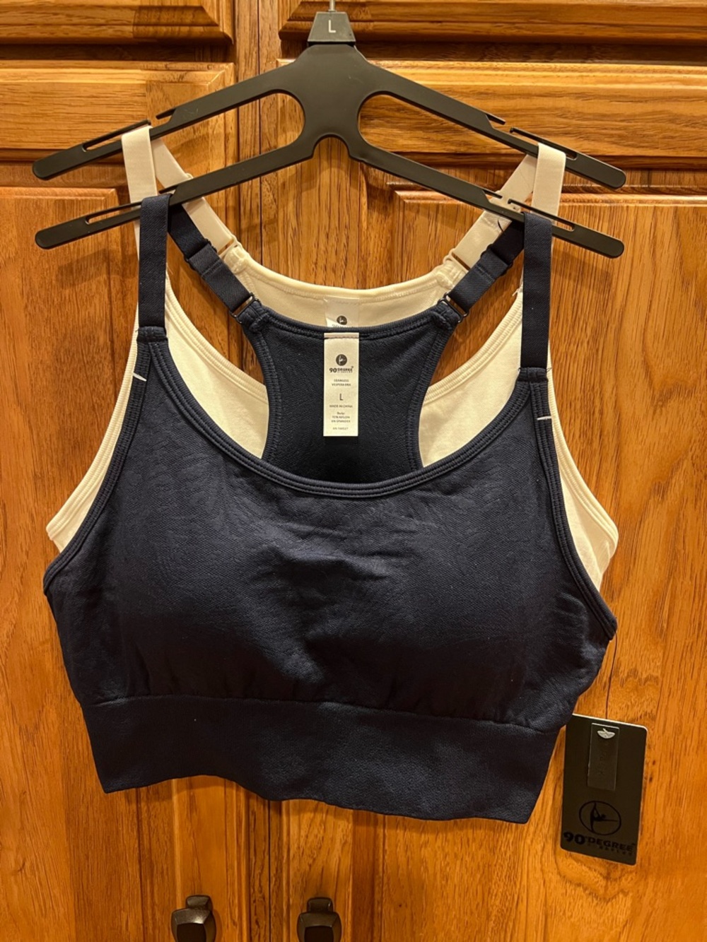 90 Degree By Reflex Navy and Cream Dual-Layer Racerback Sports Bra